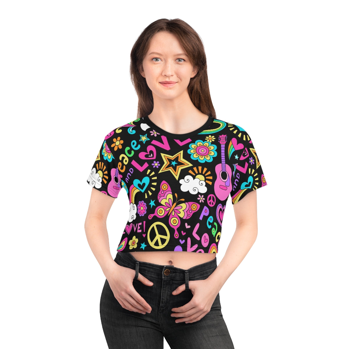 Peace Love - All Over Print Crop T-Shirt - Dresstorave