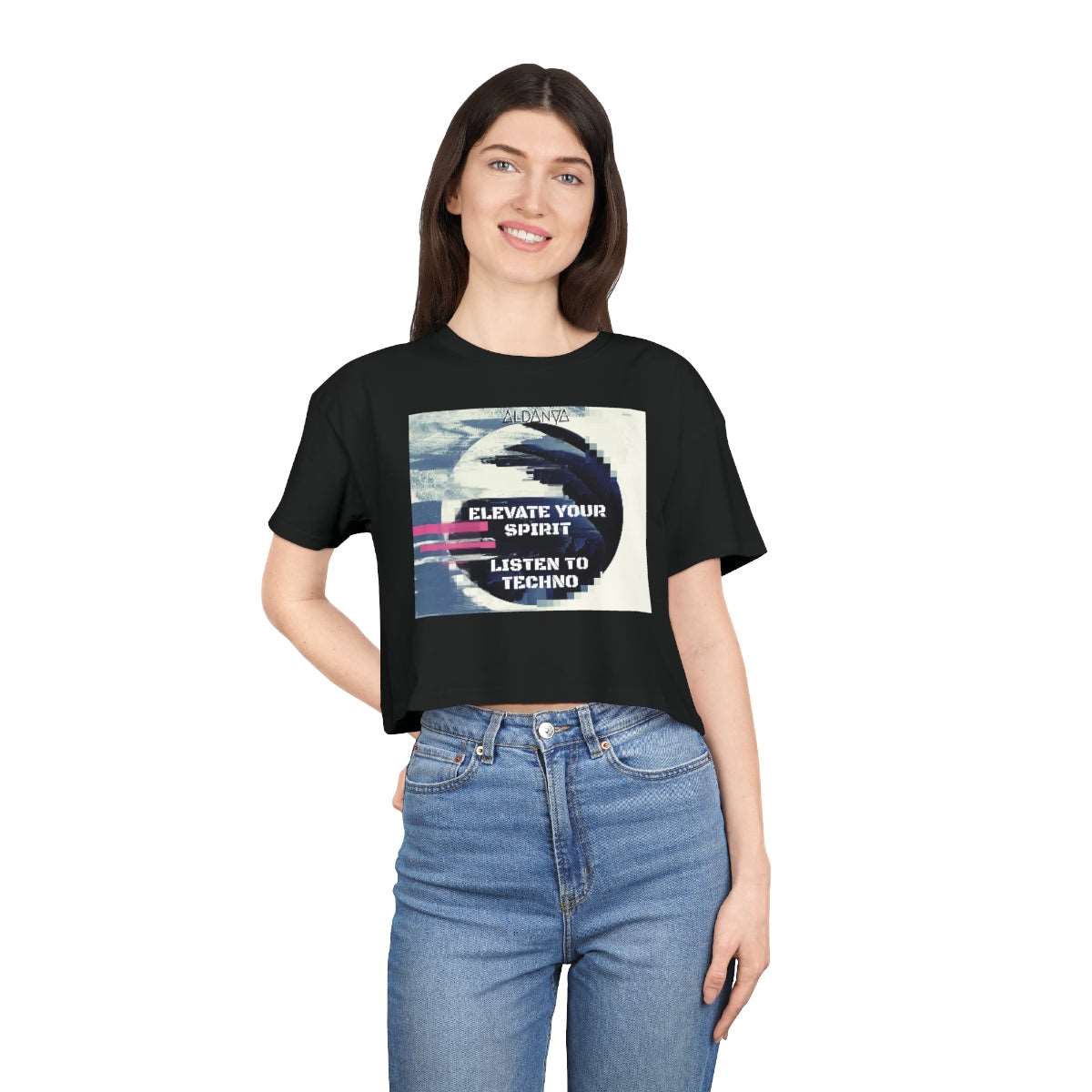 ALDANYA - Elevate Your Spirit / Listen To Techno - Women's Crop T-Shirt | Front Print - Dresstorave