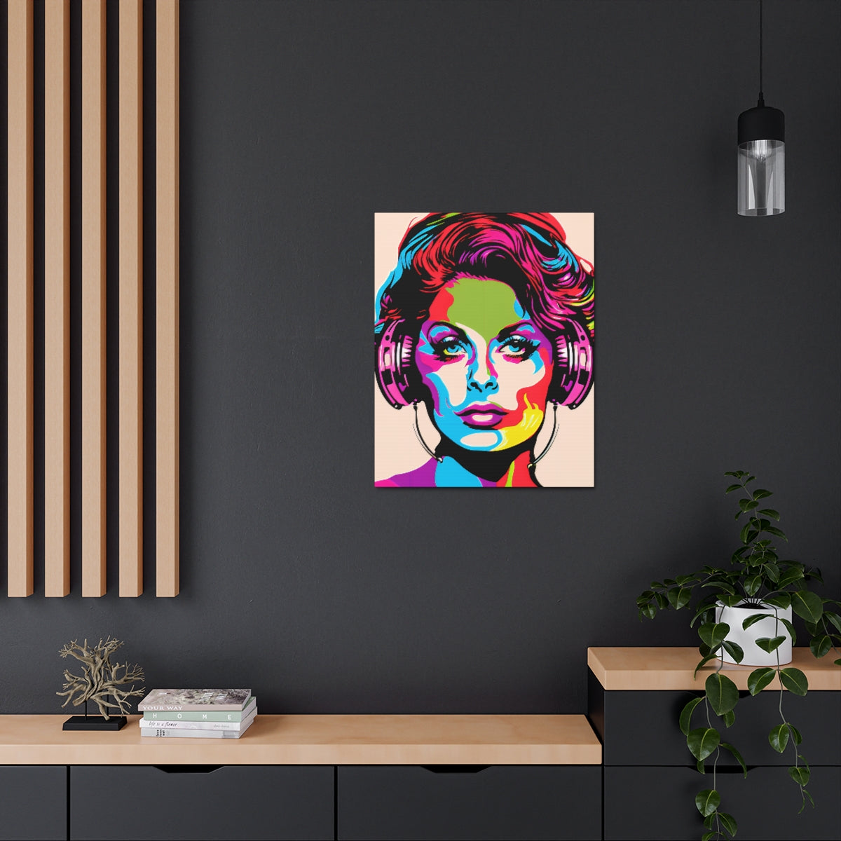 Sophia Loren Headphones Portrait - Satin Canvas, Stretched