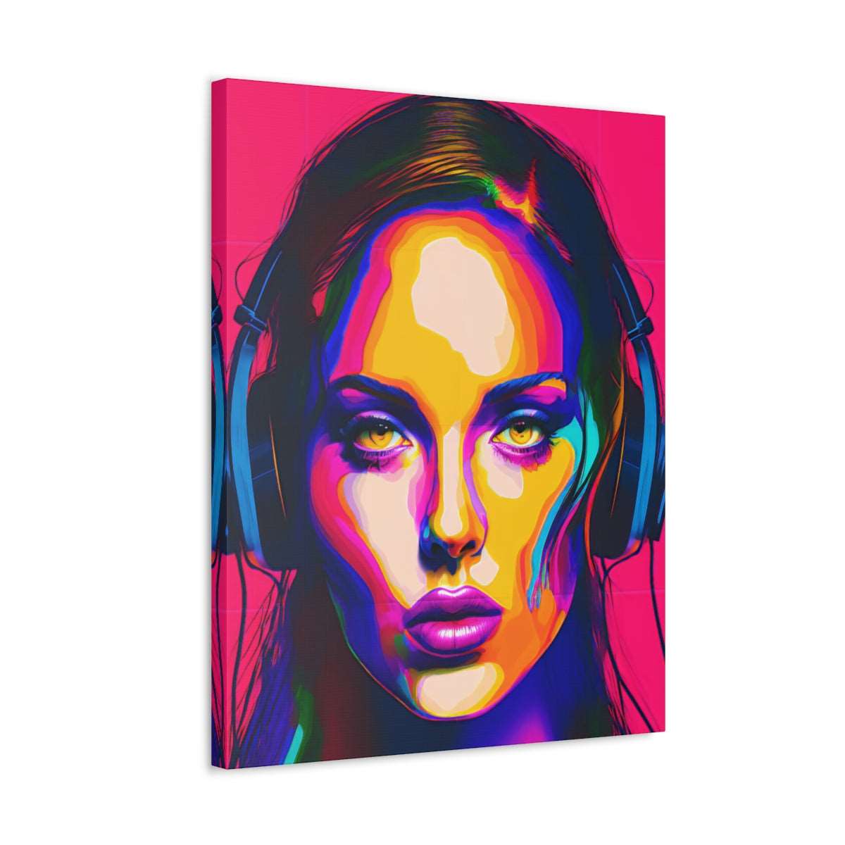 Angelina Jolie Headphones Portrait- Satin Canvas, Stretched
