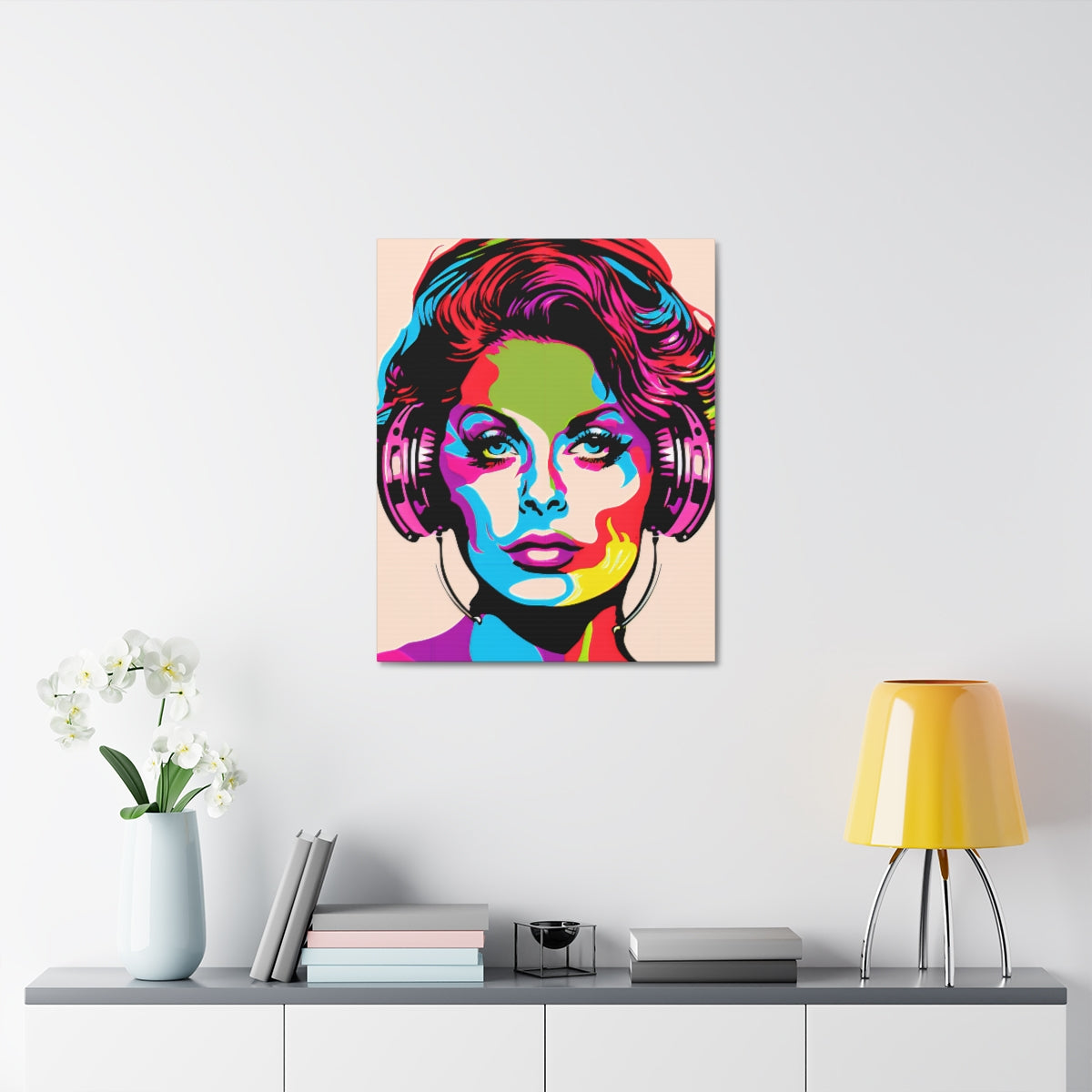 Sophia Loren Headphones Portrait - Satin Canvas, Stretched