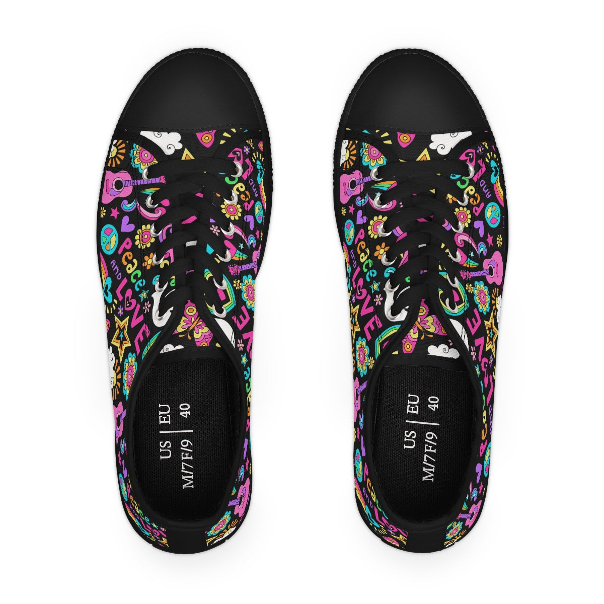 Peace Love Print - Women's Low Top Sneakers ( Black or White Sole )