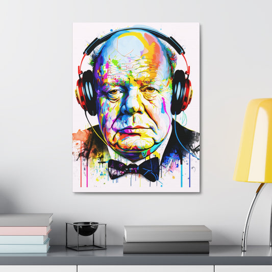 Winston Churchill Headphones Portrait - Satin Canvas, Stretched