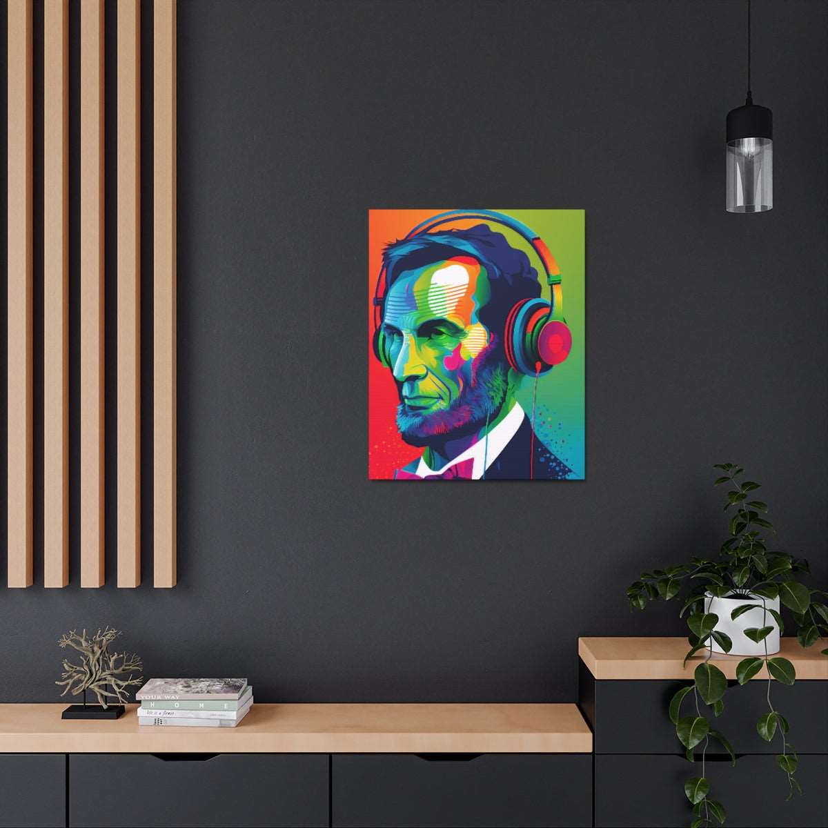 Abraham Lincoln Headphones Portrait- Satin Canvas, Stretched
